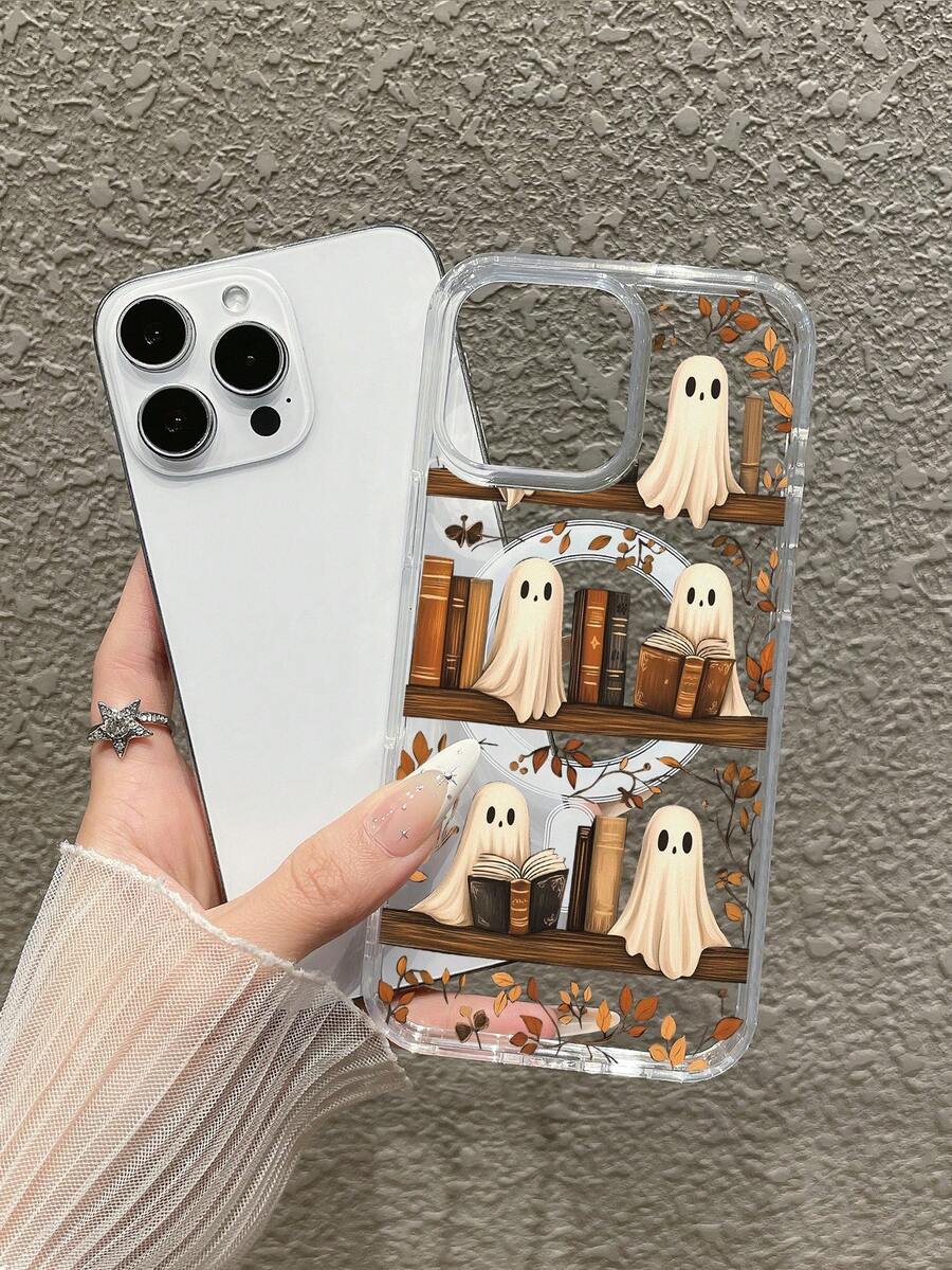 1pc Halloween Library Ghost Reading Transparent Magnetic Phone Case; Covers, Bookshelf, Cute Ghost Reading, Autumn Fallen Leaves Illustration Print Transparent Magnetic Case, Built-In Magnetic Ring Supports Wireless Charging, Large Window Lens Frame With Raised Protection, Suitable For Personal Use, Halloween, Birthday Gift; Compatible With IPhone Case & Galaxy Case, Compatible With IPhone 18 Phone Case, Compatible With IPhone 18 Pro Max, Compatible With Iphone 16 - Clear - View 1