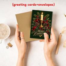 12pcs Christmas Greeting Cards With Envelopes, 6 Styles Deep Green Vintage Christmas Candle Bell Skating Lantern Pattern Holiday Note Cards, Merry Christmas Blank Cards, Suitable For Seasonal Greetings And Party Invitations - Multicolor - View 6