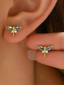 1 Pair Mini Dragonfly Stud Earrings, Cute Insect Series, Versatile Daily Wear For Women - Gold - View 2