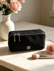 Givenchy Black Canvas Double Zipper Storage Bag, Large Capacity Multifunctional Makeup Bag, Minimalist Portable Pencil Case, Unisex Everyday Carry Organizer, Practical Daily Gift - Black - View 2