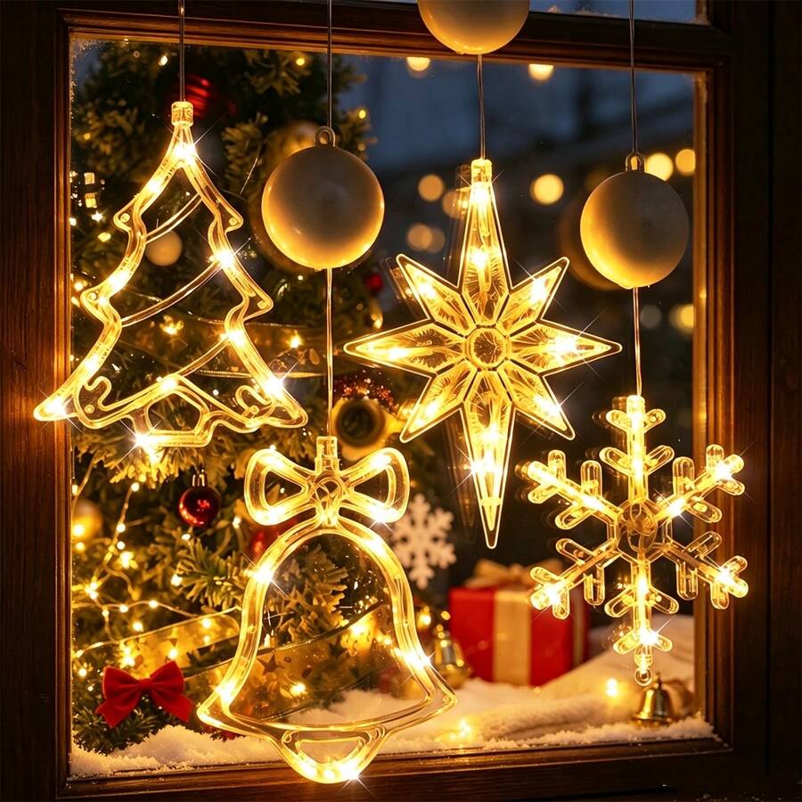 4pcs Acrylic Christmas Suction Cup Window LED Lights, 4 Styles Snowflake Bell Tree Star, Warm White & Color Changing, Battery Operated (Batteries Not Included), Indoor Window Christmas Party Holiday Decoration