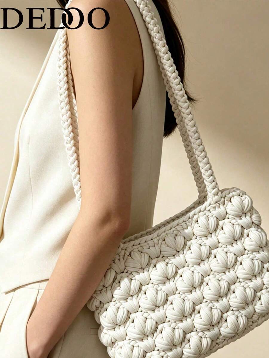 Dedoo 女款鉤編肩背包 3D花瓣針織托特包 大容量柔軟波希米亞風格手提包 適合休閒旅行度假