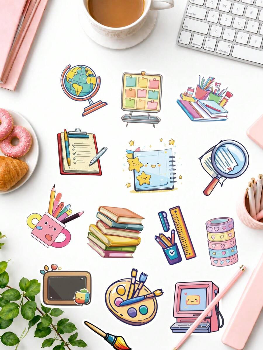 50Pcs Cute Stationery Stickers For Students, Cartoon School Supply & Art Material Decals, Decor Decals For Scrapbooking, Water Bottle, Laptop, Notebook & DIY Study Room Decor - Multicolor - View 1