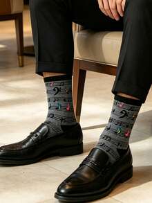 1/4 Pairs Men's Novelty Musical Note Pattern Crew Socks,Soft Breathable Funny Music Themed Dress Socks,For Daily Casual Wear & Holiday Presents - Multicolor - View 5