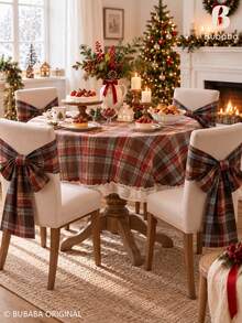 Christmas Plaid Round Tablecloth With Ruffled Edge, Vintage Tartan Table Cover For Holiday Dining Table, Farmhouse Christmas Kitchen & Home Decor - coffee color - View 4