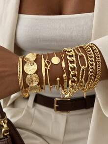 10pcs Fashion Minimalist Old Money Style Stackable Vintage Design Round Coin Cuban Chain Bracelet Set For Women, Date Party Ball Birthday Holiday Gift, Daily Versatile - Yellow Gold - View 1