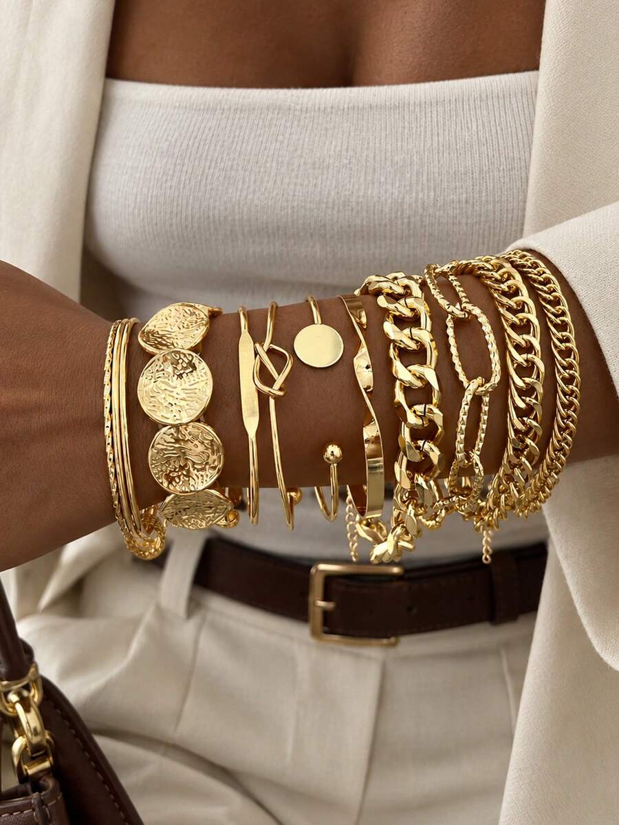10pcs Fashion Minimalist Old Money Style Stackable Vintage Design Round Coin Cuban Chain Bracelet Set For Women, Date Party Ball Birthday Holiday Gift, Daily Versatile - Yellow Gold - View 1