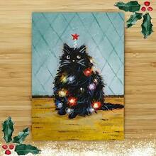OBOVAY 1pc Funny Christmas Greeting Card With Envelope, Cute Cat And Colorful Lights Design, Suitable For Expressing Holiday Wishes To Anyone YXFA - View 3