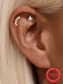 1pc 925 Sterling Silver Star Dangle Earring Chain Industrial Barbell Triple Stars Charm Chain/18K Gold Plated Helix Conch Lobe Nose Piercing Chain - Gold - View 3