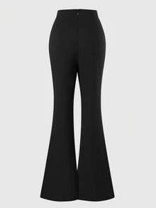 Women High Waist Button Detail Flare Pants, Front Seam Slim Fit Bell Bottom Trousers, Elegant Office Work Pants - Black - View 3