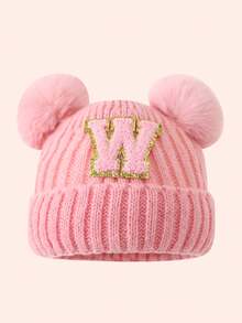 1pc Pink Kids Hat 26 Letters Baby Knitted Cap Boys Girls Warm Beanie Suitable For Outdoor Travel Daily Wear - Pink Gold Logo On Crown - Pink Double Ball Cap - View 59