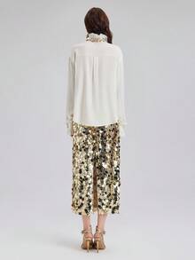 Rich Radi Q's Women's Elegant White Ruffle Collar Blouse, Rhinestone Embellished, Long Sleeve Woven Fabric Top, Fashionable Autumn Outfit - White - View 6