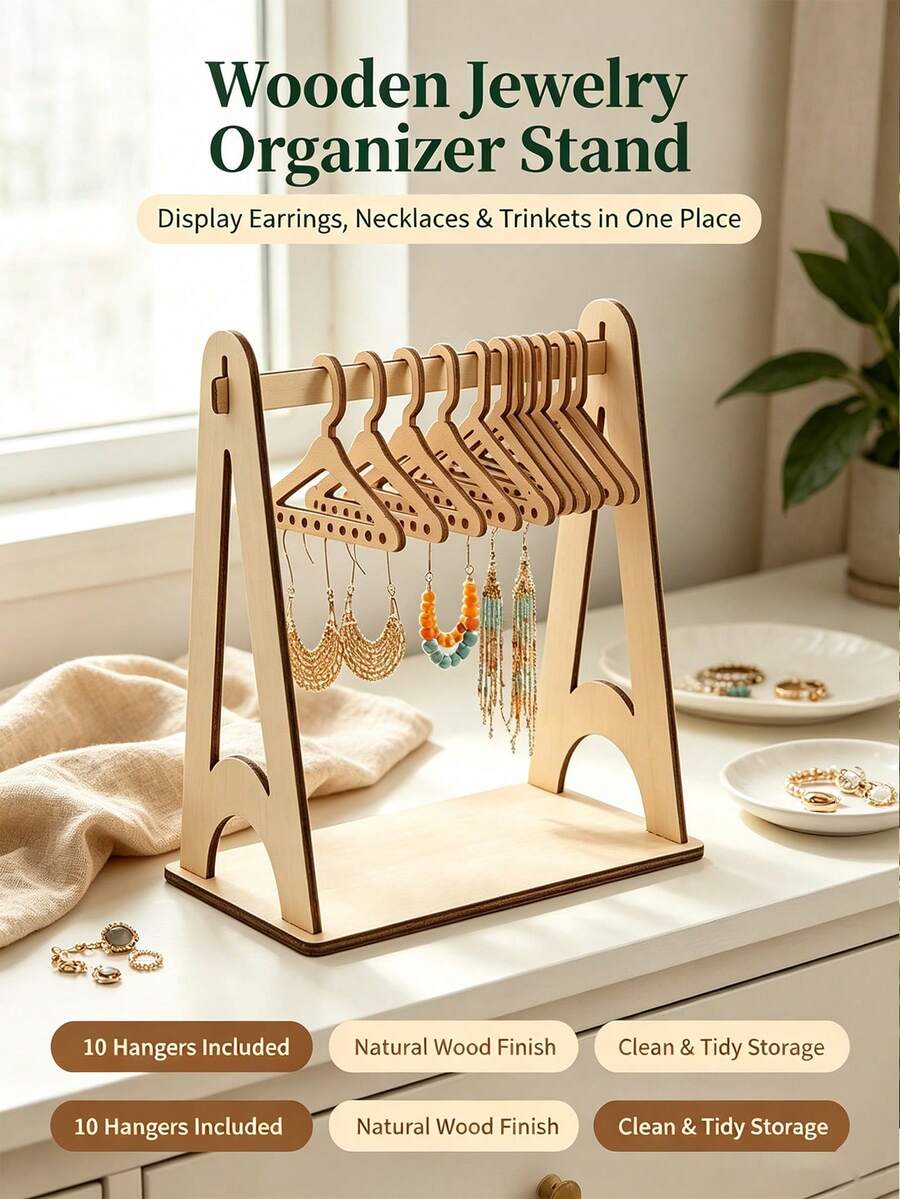 1pc Wooden Earring Display Rack With 10 Mini Hooks, Minimalist Fashion Multi-Layer Earring Storage Rack, Summer Home Organization Gift, Women's Earring Storage Rack, Hanging Jewelry Storage Rack - Multicolor - View 1