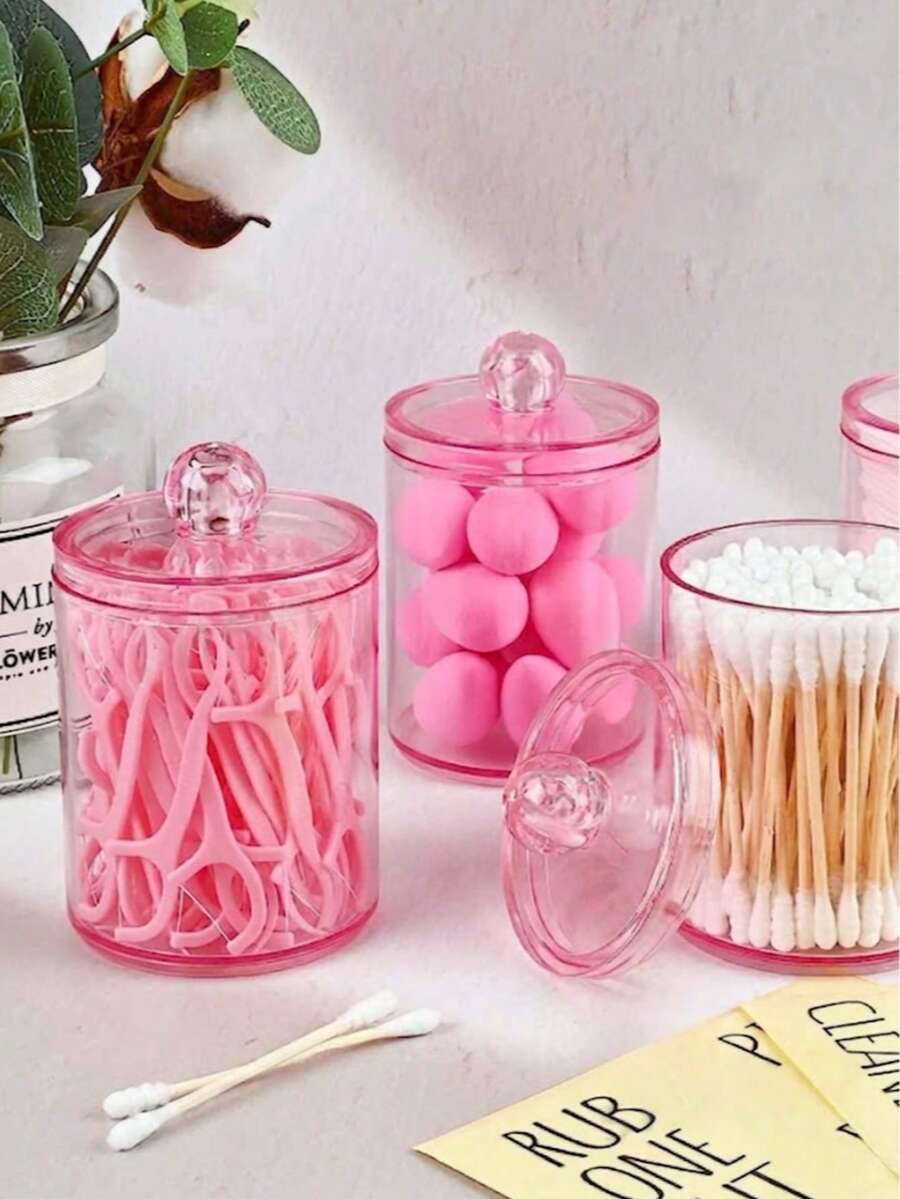 6/4/2pcs Stik Pembersih, Bantalan Bulat, Tusuk Benang Gigi, Rak Dispenser Penyimpanan, Set Botol Dispenser Plastik Transparan 10oz, Organizer Penyimpanan Kamar Mandi, Organizer Rias Wajah, Merah Muda - Berwarna merah muda - View 1
