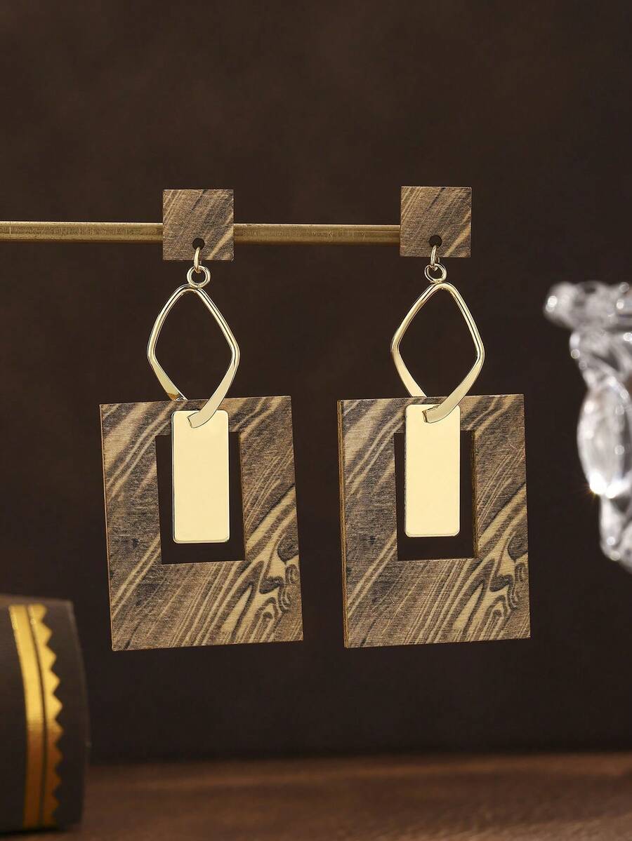 1 Pair Bohemian Earrings, Wooden & Metal Spliced Vintage Geometric Hollow Design, Heart, Rectangle, Flower Shape, Suitable For Daily, Vacation, Party Wear - Rectangular Brown - View 1