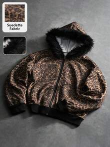 Lurzo Teen Boys Autumn/Winter Thick Lined Leopard Print Leather Collar Aviator Jacket, Ribbed Cuffs Zipper Jacket, Y2K Street Style, Suitable For Daily Outdoor Wear - Brown - View 6