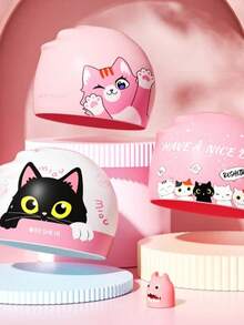 1pc Cute Cartoon Kitten Printed Swimming Cap Waterproof Ear Protection Silicone Swimming Cap Accessories - Multicolor - View 2