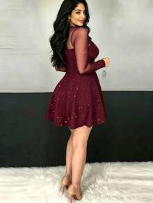 Sexy Sequin Sheer Dress, Elegant Fitted Party Dress, Suitable For All Seasons - Burgundy - View 4