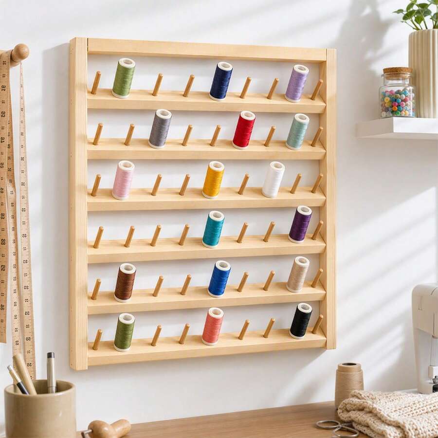Wooden 60-Spool Thread Rack Wall Mounted Sewing Organizer - Brown - View 1
