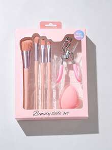 4pcs Makeup Brush Set With Eyelash Curler And Makeup Sponge, Multi-Functional Makeup Tool Set, Suitable For Foundation, Eyeshadow, Blush, Portable Makeup Gift Box, Suitable For Girls And Women - Multicolor - View 9