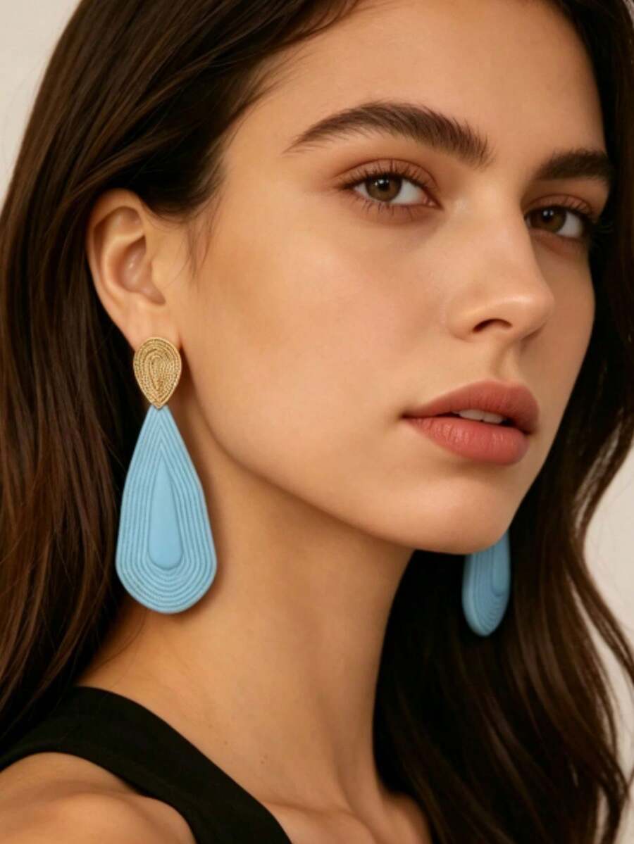 Gold Textured Stud Earrings With Light Blue Teardrop Long Dangle, Concentric Circle Pattern Matte Exaggerated Drop Earrings For Women - Multicolor - View 1