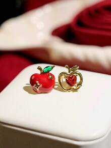 1 Pair Exquisite Elegant Asymmetrical Red Apple Rhinestone Stud Earrings Suitable For Women's Daily And Holiday Wear - Red - View 7