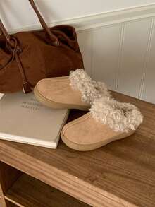 XIXITIAO Vintage Wearable Fuzzy Slippers For Winter, Non-Slip Warm Casual Versatile Moccasin Slippers For Women - Khaki - View 4