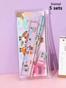 5pcs Cute Cartoon Stationery Set, Children School Supplies Kit, Includes Pencil, Eraser, Ruler, Pencil Sharpener, Pencil Case, Back To School Gift For Boys And Girls - Multicolor - View 4