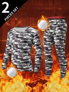 2pcs Men's Thermal Underwear Set, Long Sleeve T-Shirt + Pants, Warm Casual Base Layer For Autumn/Winter - Army Green - View 1