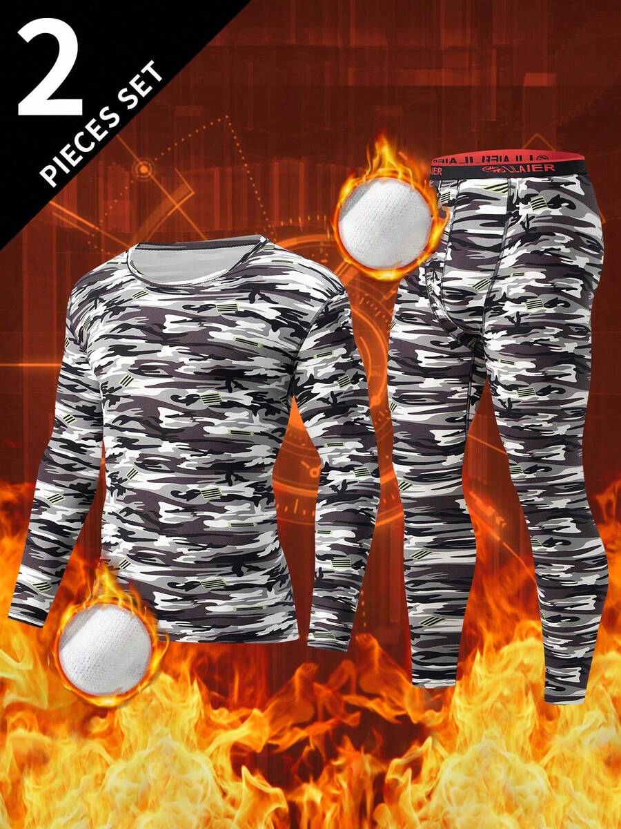 2pcs Men's Thermal Underwear Set, Long Sleeve T-Shirt + Pants, Warm Casual Base Layer For Autumn/Winter - Army Green - View 1