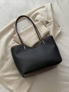 Women's Colorblock Tote Bag, Large Capacity Faux Leather Handbag, Casual Daily Commute Shopping Shoulder Bag, For Women - Black - View 5