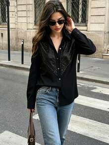 Women's Autumn Sequin Patchwork Front Button Daily Shirt - Black - View 5