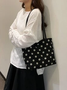 黑色復古波點托特包，美拉德棕色麂皮質感單肩包，大容量極簡通勤腋下包 - 黑色 - 查看 6