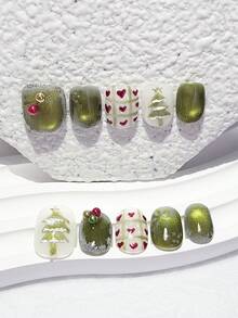 10pcs Vintage Green Cat Eye Christmas Atmosphere Hand-Painted Christmas Tree Plaid Heart Short Round Reusable Fake Nails Nail Art Supplies (1pc Jelly Sticker + 1pc Nail File) - Green - View 2