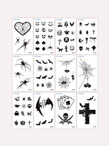 STARTTOOS 12PCS Halloween Black Skull Cross Spider Bat Ghost Pumpkin Pattern Temporary Waterproof Tattoo Stickers For Fingers, Arms, Collarbone, Shoulder, Neck, Behind Ears, Body - Black - View 7
