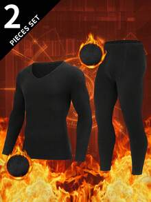 2pcs Men's Thermal Underwear Set, V-Neck Long Sleeve Top + Pants, Warm Casual Base Layer For Autumn/Winter - Black - View 1