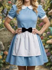 Disfraz de Alicia en el Pais de las Maravillas: Vestido Corto de Cuello Redondo con Manga Larga y Detalle de Moño para mujer - Neblina azul - Ver 5