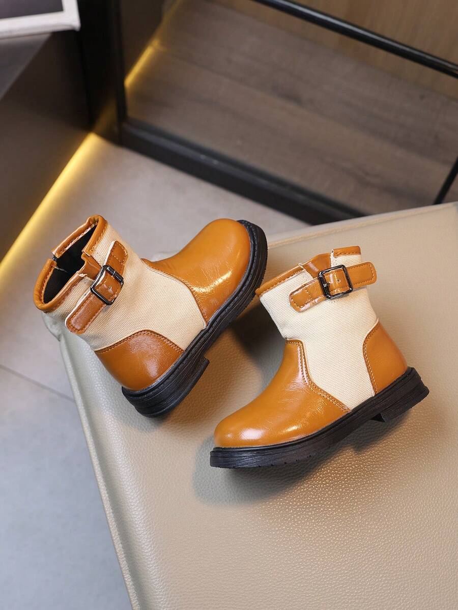 Kids Spliced Ankle Boots, Contrast Panel Side Zipper Buckle Detail Non Slip Sole Toddler Boys Girls Autumn Fashion Boots - Brown - View 1