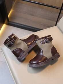 Sepatu Bot Pendek Anak Balita dengan Blok Warna, Kanvas & Kulit Sintetis, Resleting Samping, Dekorasi Gesper, Anti Selip, Sepatu Bot Pendek Modis untuk Anak-Anak - Coklat - View 2