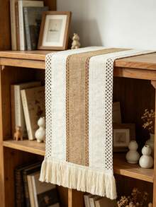 1PC Linen Rustic Tassel Table Runner, Crochet Lace Edge Striped Table Cover For Wedding Holiday Party Decor - Multicolor - View 6