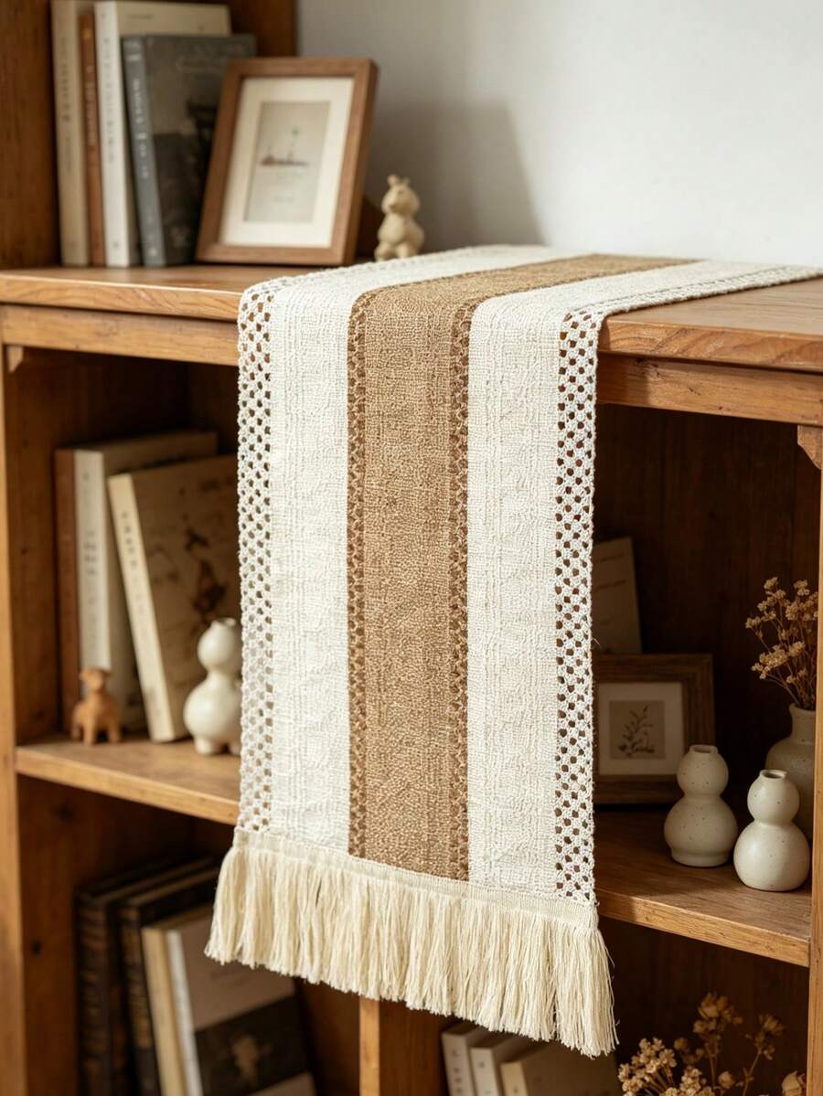 1PC Linen Rustic Tassel Table Runner, Crochet Lace Edge Striped Table Cover For Wedding Holiday Party Decor - Multicolor - View 1
