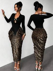 RNU Women's Autumn/Winter Party Leopard Print Dress, V-Neck Metal Buckle Decor Long Sleeve Patchwork Ruched Long Dress, Unique Evening Gown Leopard Print Patchwork Casual Ruffle Asymmetrical Dress - Black - View 3