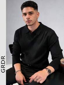 GRDR 男士 Polo 領羅紋針織毛衣，修身版型，黑色長袖基礎層上衣，適合秋冬商務休閒穿搭層次 - 黑色 - 查看 2