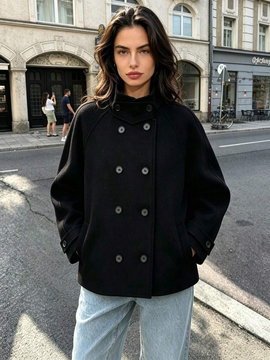 秋冬新款女式歐美風時尚極簡雙排扣大衣 - 黑色 - 查看 1
