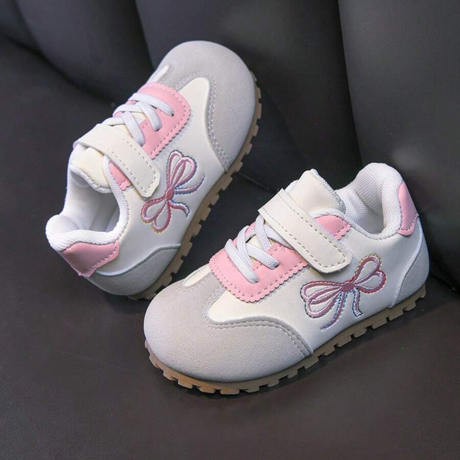 Girls' Bow Embroidery Training Shoes, Spring/Autumn New Baby Walking Shoes, Soft Sole, Anti-Slip, Hook And Loop Casual Shoes - Pink - View 1
