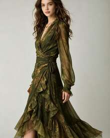Vestido largo de gasa ligera estampado floral cuello V falda amplia elegante - Verde militar - Ver 4