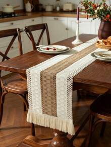 1PC Linen Rustic Tassel Table Runner, Crochet Lace Edge Striped Table Cover For Wedding Holiday Party Decor - Multicolor - View 1