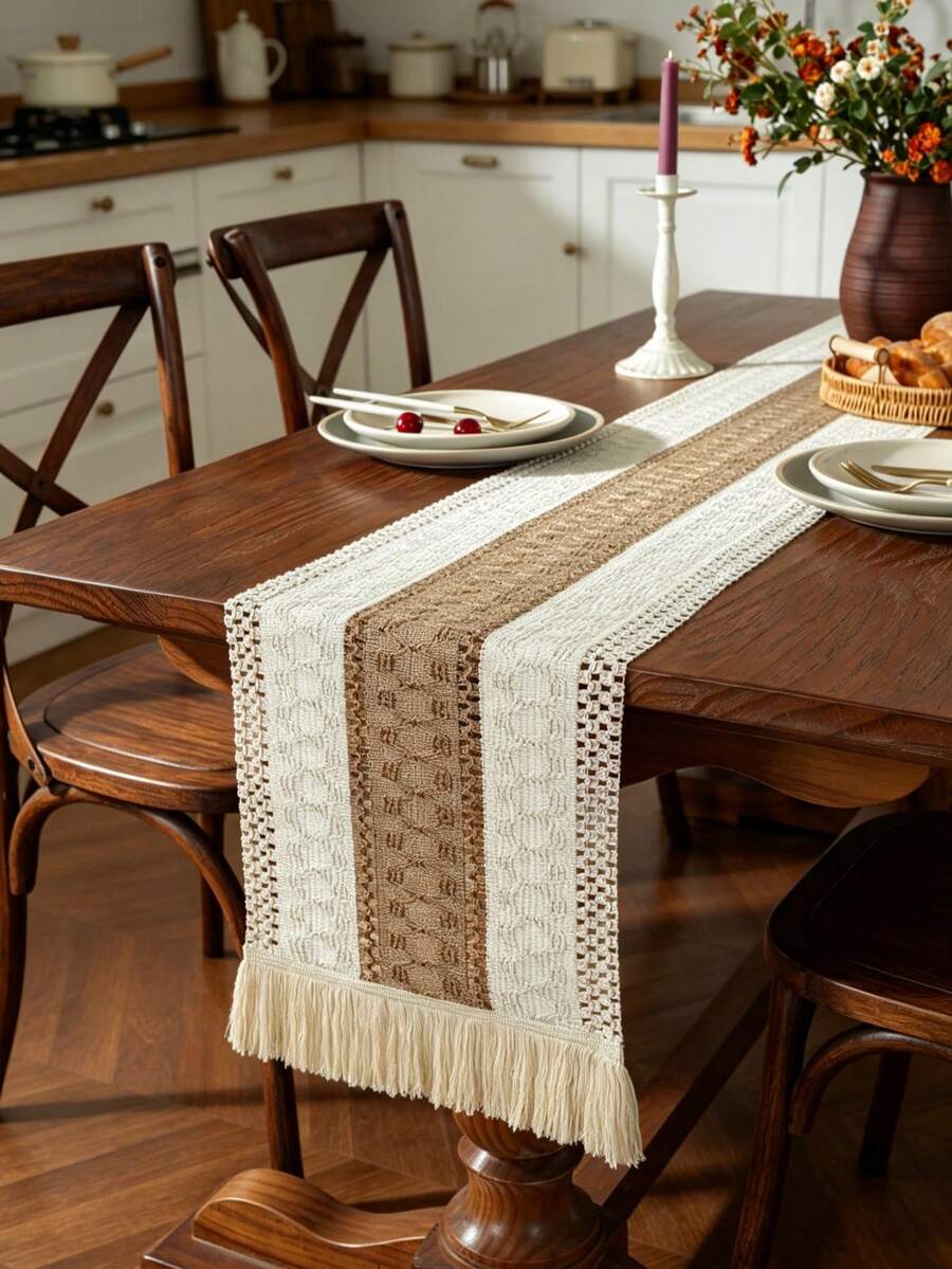 1PC Linen Rustic Tassel Table Runner, Crochet Lace Edge Striped Table Cover For Wedding Holiday Party Decor - Multicolor - View 1