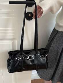 Women's Y2K Shiny Shoulder Bag, Rivet Belt Decor Buckle Design Ruched Soft Leather Underarm Handbag - Black - View 3