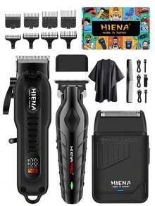 HIENA 男士電動理髮器與刮鬍刀套組，4件/3件/2件/單件可選，包含 USB 充電無線理髮器、修剪器、往復式刮鬍刀、手動刮鬍刀（附 6 組可替換刀片），鋰電池，多種配件，精美禮盒包裝，理想禮物，迷你機身方便旅行 - 黑色 - 查看 13